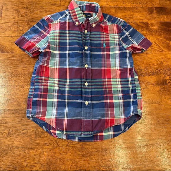 Ralph Lauren boys plaid navy red button down short sleeve shirt size 4/4T - Picture 1 of 4